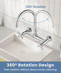 Wall Mount Commercial Kitchen Faucet With 360 Degree Swivel Spout 8 Inch Center Heavy Duty Solid Brass Body Chrome Finish