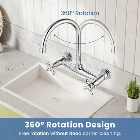 Wall Mount Commercial Kitchen Faucet With 360 Degree Swivel Spout 8 Inch Center Heavy Duty Solid Brass Body Chrome Finish