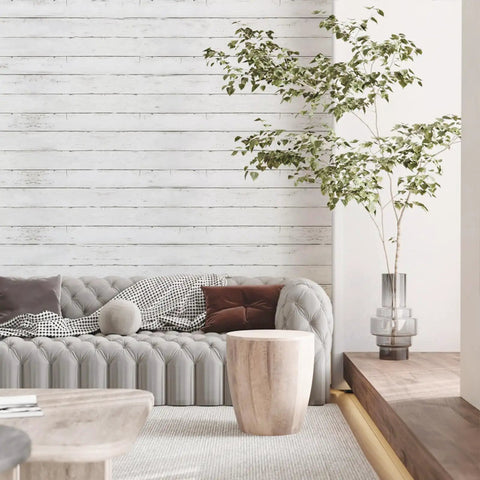 Living room with Peel And Stick Dope White Gray Wood Shiplap Wallpaper 511.8 Inch By 17.7 Inch Thickened Self Adhesive Removable Wall Covering