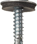 Close-up of self drilling hex washer head screw with zinc plated steel external hex drive for quick install sealing washer.