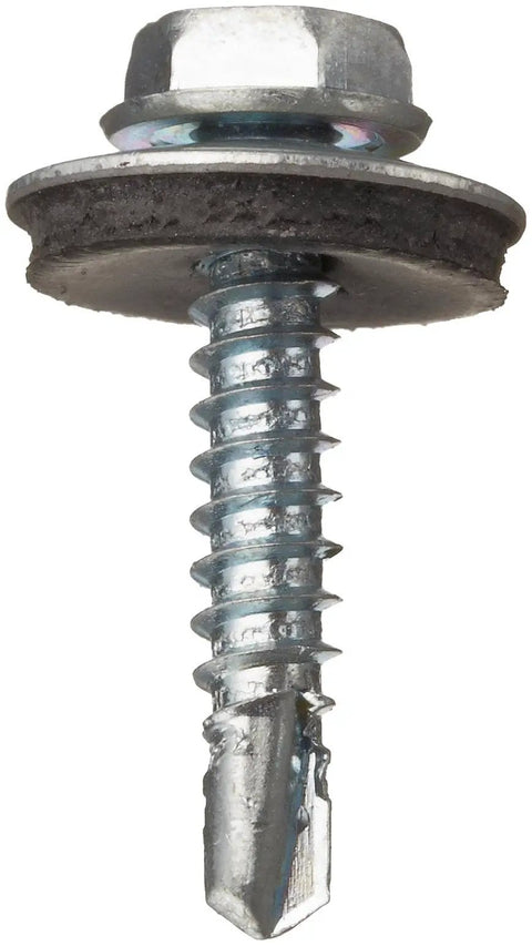 Close-up of self drilling hex washer head screw with zinc plated steel external hex drive for quick install sealing washer.
