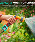 Person using Two Pack Heavy Duty Water Flow Meter with Brass Inlet and Metal Threads on garden hose sprayer, outdoor use