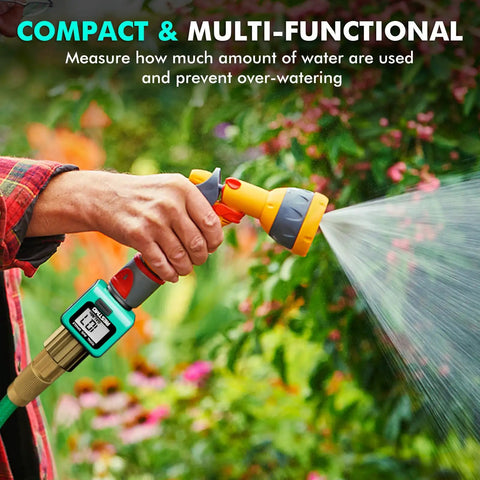 Person using Two Pack Heavy Duty Water Flow Meter with Brass Inlet and Metal Threads on garden hose sprayer, outdoor use