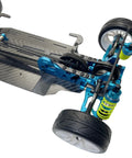 Close-up view of 1 To 10 Scale Alloy And Carbon D4 AWD Drift RC Car Frame Kit, showing alloy chassis and belt-driven drivetrain.