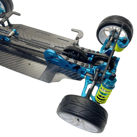 Close-up view of 1 To 10 Scale Alloy And Carbon D4 AWD Drift RC Car Frame Kit, showing alloy chassis and belt-driven drivetrain.