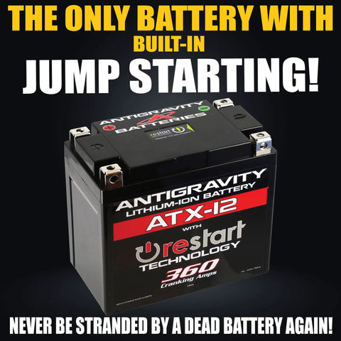 ATX12 Performance Lithium Motorcycle Powersport Battery with built-in jump starting, replaces YTX12 YTX14, front view.