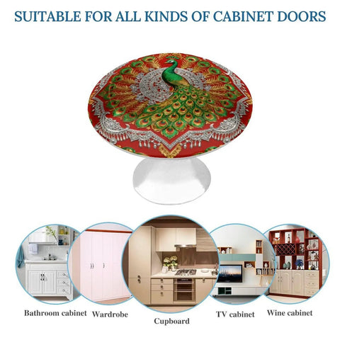 Two Pack Round Golden Tribal Pattern Cabinet Knobs with Screws Stainless Steel Hardware for Cabinets with peacock design