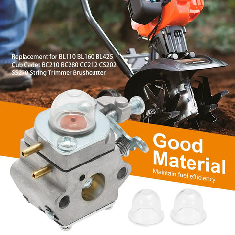 Replacement Carburetor Kit For Bolens And Cub Cadet String Trimmers Includes Fuel Filter Spark Plug Fuel Lines Gaskets And Adjustment Tool Replaces WT973 For BL110 BL160 BL425 BC210 BC280 CC212 CS202 SS270, displayed with parts and installed on trimmer engine.
