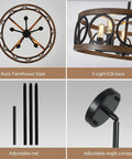 Black 22 Inch Drum Chandelier With Wood Grain Finish Modern Farmhouse Pendant Light Dope 5 Lights Round Hanging Fixture details
