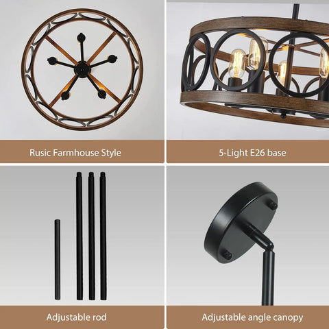 Black 22 Inch Drum Chandelier With Wood Grain Finish Modern Farmhouse Pendant Light Dope 5 Lights Round Hanging Fixture details