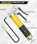 Pro Grade Grease Gun Kit With Pistol Grip, 8000 PSI, 14 Oz Load, showing aluminum alloy body and resin hose
