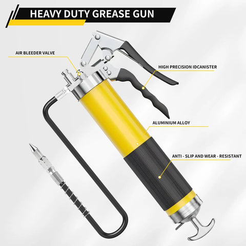Pro Grade Grease Gun Kit With Pistol Grip, 8000 PSI, 14 Oz Load, showing aluminum alloy body and resin hose