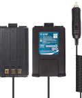 Two Pack Battery Eliminator Replacement For UV 5R Series Radios In Car 12V DC Power Adapter displayed with vehicle plug