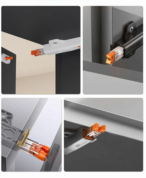 Close-up of 2 Pack Push To Open Cabinet Latches With Rotary Adjustment For Kitchen Cupboards And Closets, Adjustable 1 To 5 Mm Door Thickness, Black Finish, Handleless Cabinet Hardware in use.