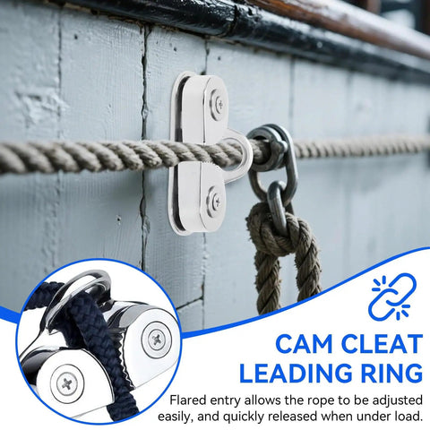 Beefy 316 Stainless Steel Cam Cleat With Rustproof Design, 6 To 15mm Rope Fit, installed on a boat with fairlead ring for line feeding