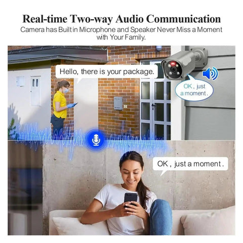 Smooth Plug And Play 8MP 4K PoE NVR Security Camera Kit With Smart Motion Detection And Crisp Color Night Vision For Rock Solid Foolproof Surveillance On Your Property, showing two-way audio communication.