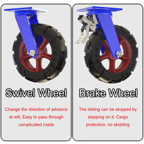 Bulletproof Heavy Duty Rubber Caster Set Of 4 With Dual Locking Brakes showing swivel and brake wheel mechanisms.