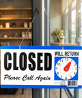 Double-Sided Closed Sign With Clock And Will Return Indicator hanging in a cafe window