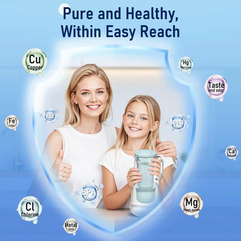 Mother and daughter holding water filter pitcher with elements shield, promoting water filter replacement for Lifestraw Home.