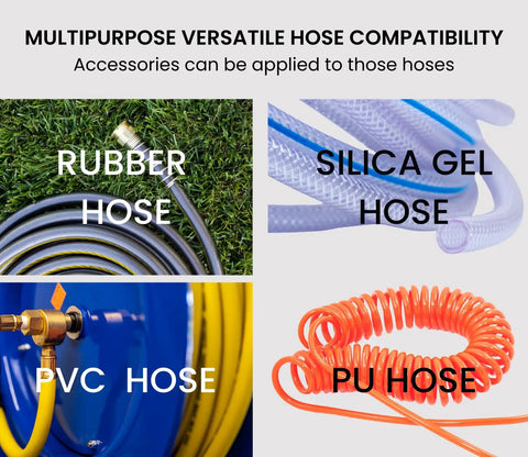 Multipurpose hose compatibility with rubber, silica gel, PVC, and PU hoses, showcasing versatility for various applications.