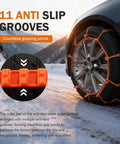 Solid Hella Grip Twelve Piece Car Snow Tire Chains With Spiral Anti Skid Traction Straps And Quick Zip Tie Install For Conquering Ice Snow Sand Or Mud On Your Daily Rig Featuring Bright Orange Coating For Maximum Road Safety showing tire with anti-slip grooves.