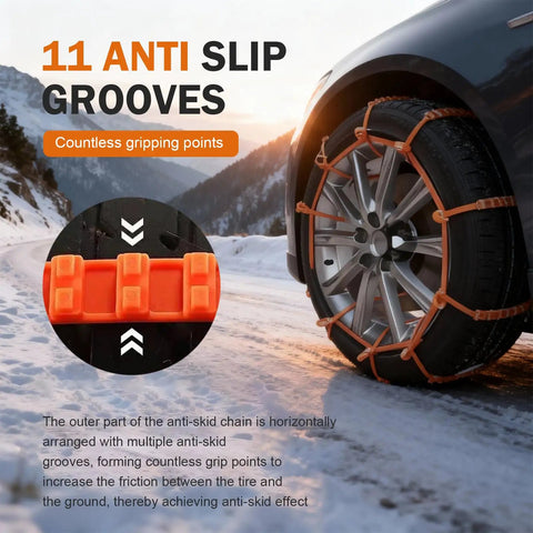 Solid Hella Grip Twelve Piece Car Snow Tire Chains With Spiral Anti Skid Traction Straps And Quick Zip Tie Install For Conquering Ice Snow Sand Or Mud On Your Daily Rig Featuring Bright Orange Coating For Maximum Road Safety showing tire with anti-slip grooves.
