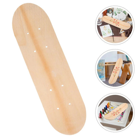 Blank Unfinished 7 Ply Wooden Skateboard Deck With Double Tail For Art Painting And Do It Yourself DIY Custom Builds Replacement Deck For Home Decor And Creative Projects showcased with creative art designs.