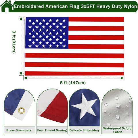 Embroidered US flag with brass grommets, four thread sewing, and waterproof fabric, included in Sturdy 6 Foot Stainless Steel Flag Pole Kit