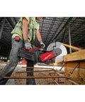 Heavy Duty 14 Inch Cordless Power Cut Off Saw Built Like A Tank cutting through rebar and concrete, sparks flying on job site.