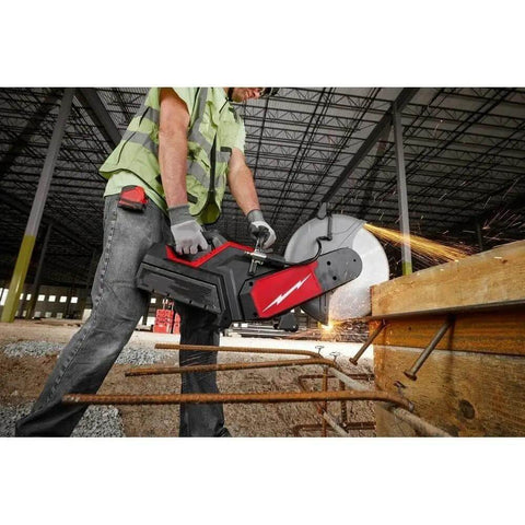 Heavy Duty 14 Inch Cordless Power Cut Off Saw Built Like A Tank cutting through rebar and concrete, sparks flying on job site.