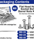 M6 Barrel Nuts And Bolts Set With Hex Socket Binding Screws 7.6mm 20mm 25mm 40mm Pro Grade Stainless Steel 304 30 Sets With Hex Key For Quick Furniture Cabinets And Cribs Assembly showing contents with storage box and hex key