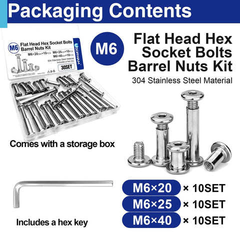 M6 Barrel Nuts And Bolts Set With Hex Socket Binding Screws 7.6mm 20mm 25mm 40mm Pro Grade Stainless Steel 304 30 Sets With Hex Key For Quick Furniture Cabinets And Cribs Assembly showing contents with storage box and hex key