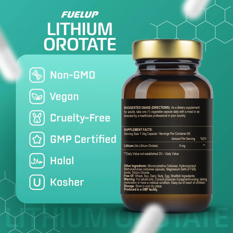 Lithium Orotate 5 Mg Brain Health Supplement For Focus And Clarity Mind Fuel With Bioavailable Trace Mineral bottle label