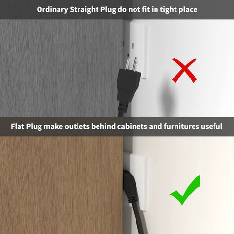 Comparison of a standard and flat plug: Three Pack 3 Feet Flat Plug Extension Cord 14 AWG 15A 1875W Heavy Duty Black Space Saving Power Cords.