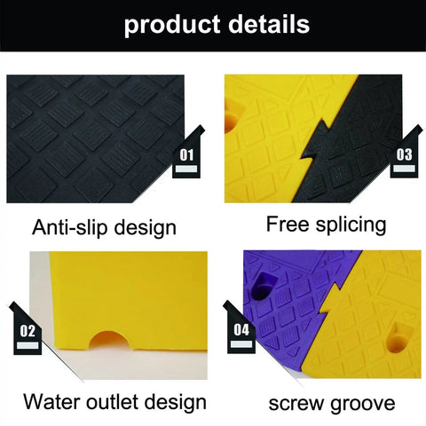 Built Tough Portable Loading Ramp With Grippiest Non Slip Surface Heavy Duty Threshold For Driveway Curb Loading Dock Wheelchair Setup Quick Swap Orange Model 25 By 45 Centimeter Compact Size For Side Walk And Parking Gate Easy Roll On Assistance showing anti-slip design and water outlet features.