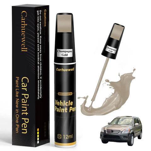 Car Paint Touch Up Pen For Scratch Repair In Champagne Gold shown with brush and sample stroke