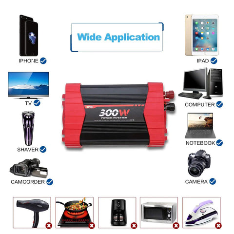 Rock Solid 300W Car Power Inverter Dc 12V To 110V Ac Vehicle Adapter Converter with various devices like TV, iPad, and phone.