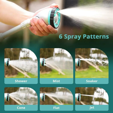 Hand holding 16 Inch Long Reach Watering Wand With 90 Degree Head Thumb Control And 6 Spray Patterns For Hanging Baskets Shrubs and Hard To Reach Plants Heavy Duty Garden Hose Nozzle showing spray options.