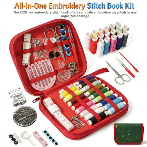 Upgraded Embroidery Stitch Book Kit For Beginners with tools, threads, and tutorial featuring 106 classic patterns in open red carrying case