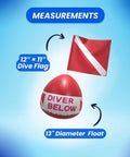 Red Diver Below Inflatable Signal Floater With Dive Flag For Ultimate Water Safety And Visibility 13 Inch Diameter 12 Inch By 11 Inch Flag shown with measurements