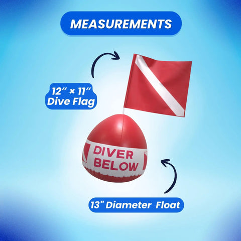 Red Diver Below Inflatable Signal Floater With Dive Flag For Ultimate Water Safety And Visibility 13 Inch Diameter 12 Inch By 11 Inch Flag shown with measurements