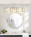 4 Light Bathroom Vanity Light Fixture Over Mirror In Brushed Nickel With Cylinder Crystal Shade Sleek Dope Modern Bath Lighting