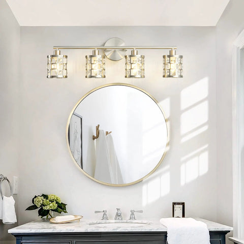 4 Light Bathroom Vanity Light Fixture Over Mirror In Brushed Nickel With Cylinder Crystal Shade Sleek Dope Modern Bath Lighting