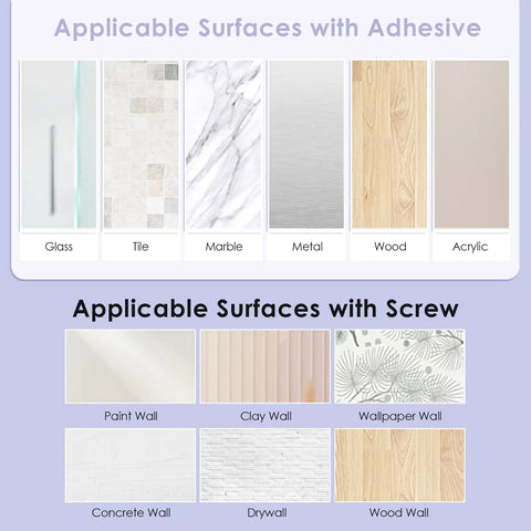 Illustration of surfaces for wall mount key holder with tray and six hooks. Adhesive for glass, tile, marble, metal, wood, acrylic. Screw for paint, clay, wallpaper, concrete, drywall.