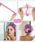 Woman using shower cap from 18 Piece At Home Hair Dye Kit With Bowl Brush Agitator Dye Comb Clips Caps Gloves Earmuffs And Storage Bag