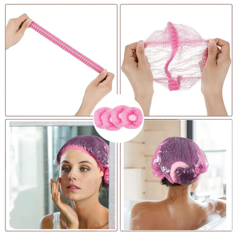 Woman using shower cap from 18 Piece At Home Hair Dye Kit With Bowl Brush Agitator Dye Comb Clips Caps Gloves Earmuffs And Storage Bag