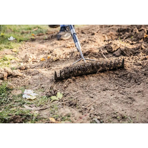 60 Inch Pro Garden Rake With Lightweight Aluminum Handle For Soil A Heavy Duty Gardening Tool For Spreading Mulch Dirt And Gravel Welded Head With Hardened Tines For Maximum Power And Precision In The Yard on soil
