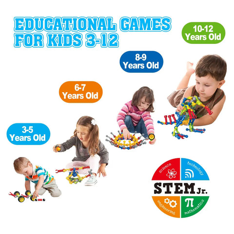 Children playing with STEM Building Toys 125 Piece Building Blocks Set For Kids Ages 3 4 5 6 7 8, with educational games label