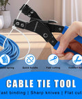 Cable Tie Tool For Plastic And Nylon Zip Ties With Auto Cutter and Fastening in hand, showing blue handles and cable