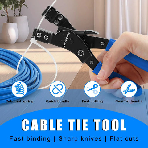 Cable Tie Tool For Plastic And Nylon Zip Ties With Auto Cutter and Fastening in hand, showing blue handles and cable